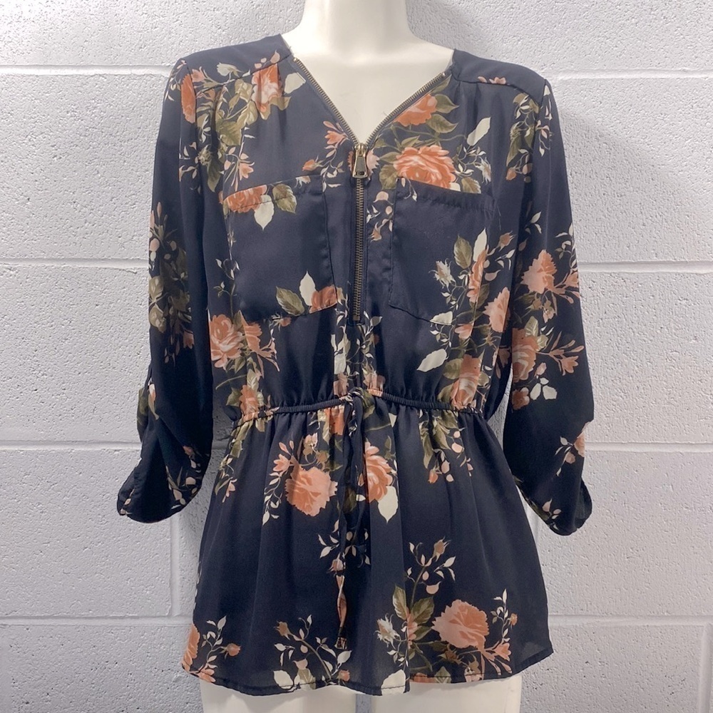 Stella Tweed navy floral 3/4 zip top​​​​​​​​​​